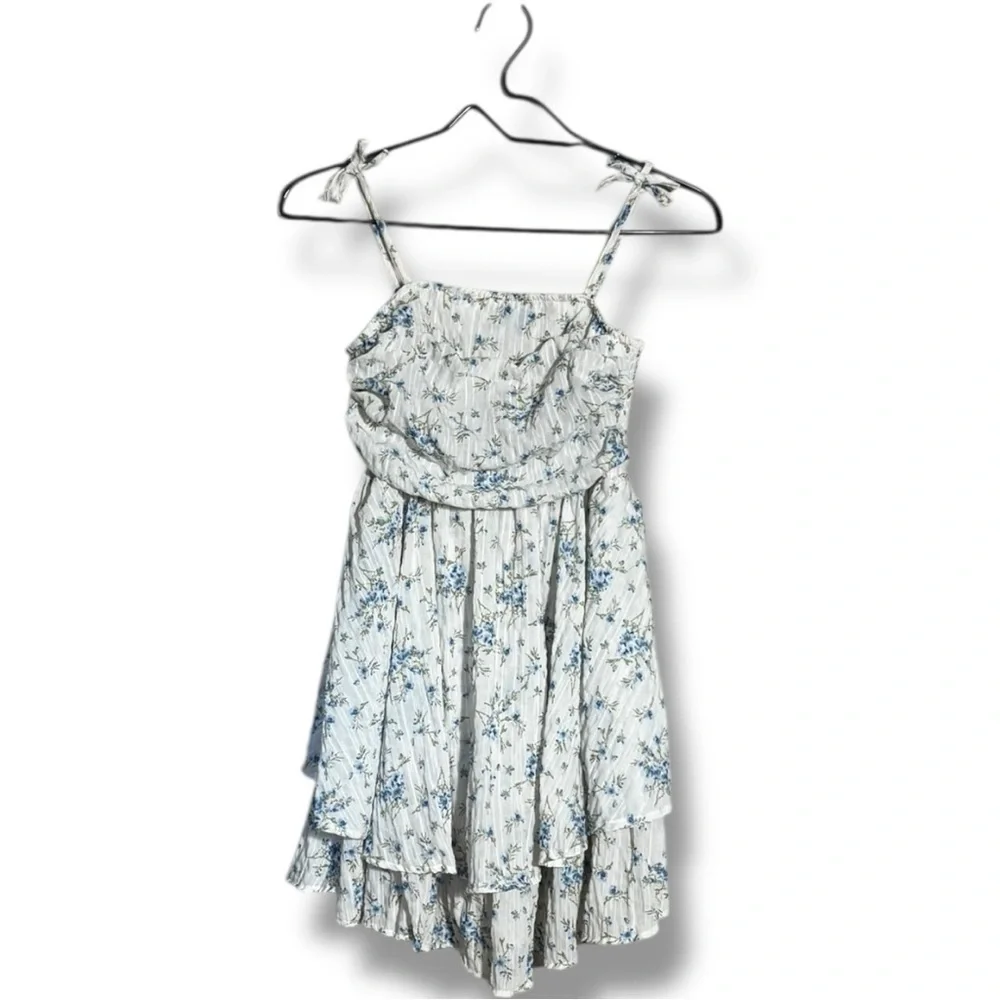 Unbranded White and Blue Floral Layered Tie Straps Empire Waist Babydoll Dress